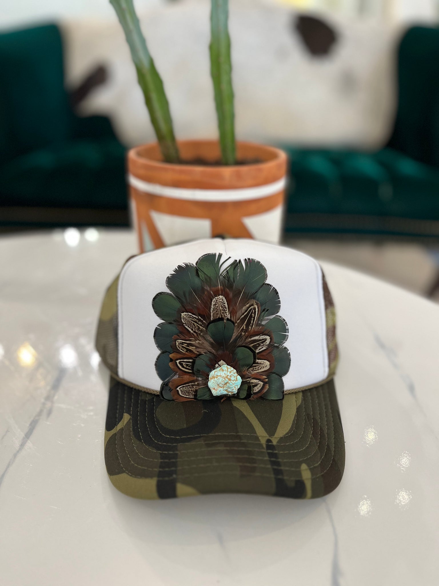 Camo/White Feather Trucker Hat